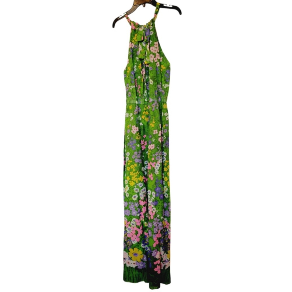 Vintage 70s Deep V Floral Green Maxi Dress - Picture 2 of 15